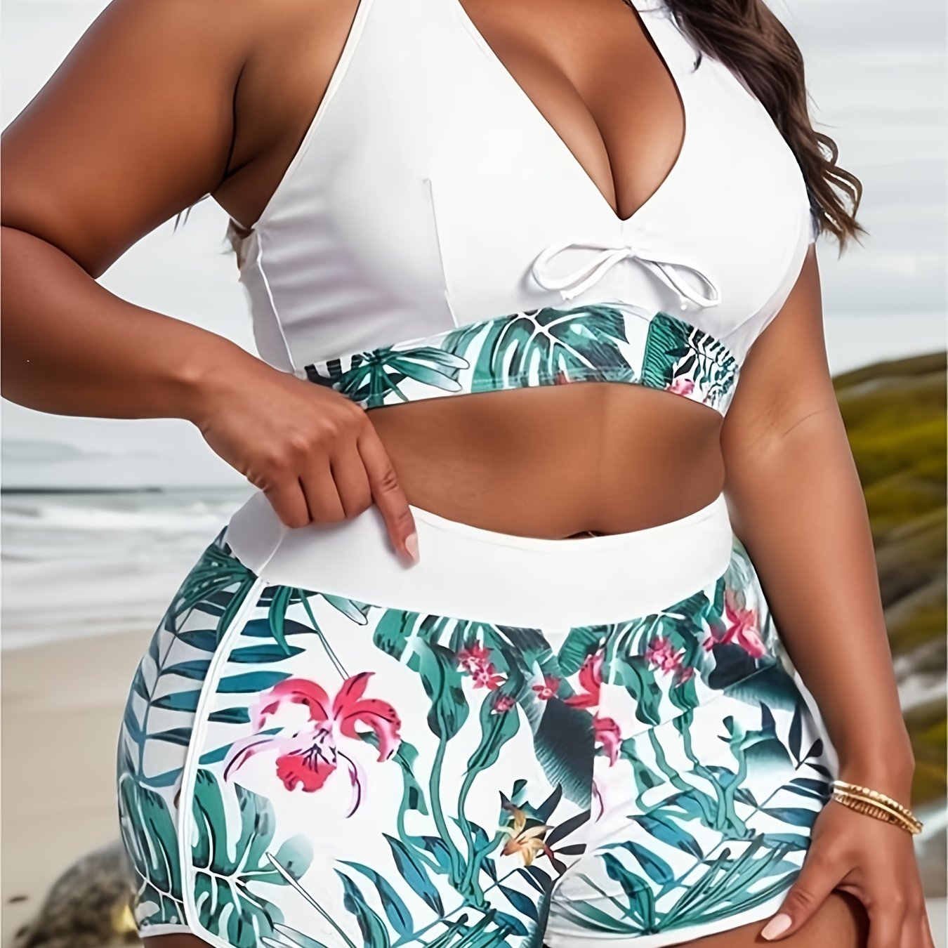  Tropical Print Bikini Set Halter Top & Shorts Swimsuit