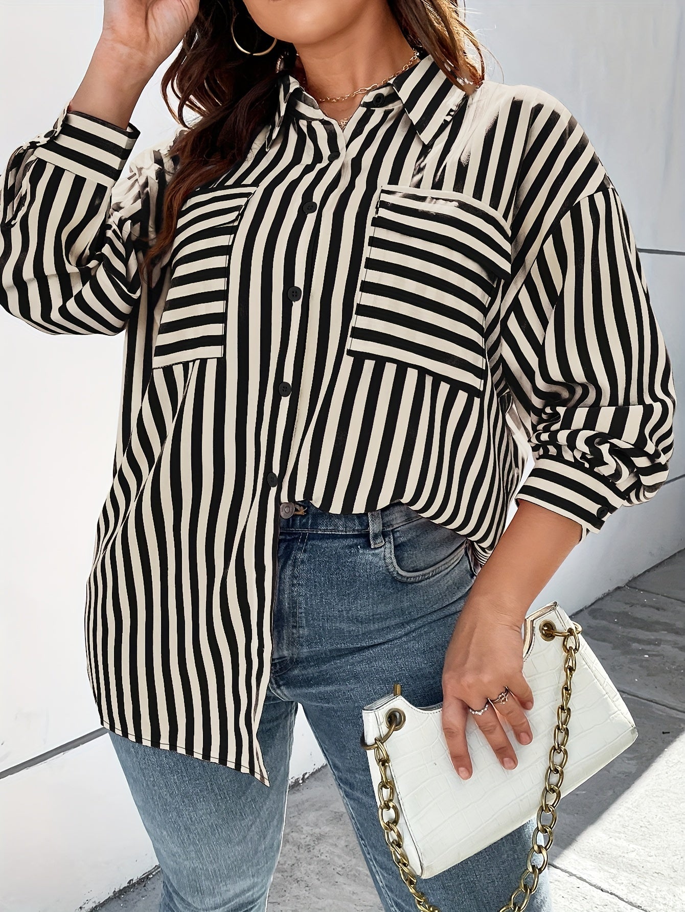  Stripe Print Long Sleeve Button Up Shirt Top