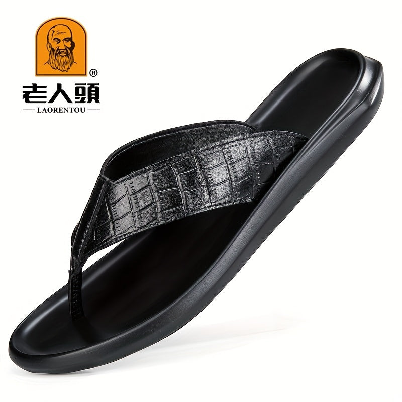 LAORENTOU Men's Leather Plaid Flip Flops Arch Support Thong Sandals