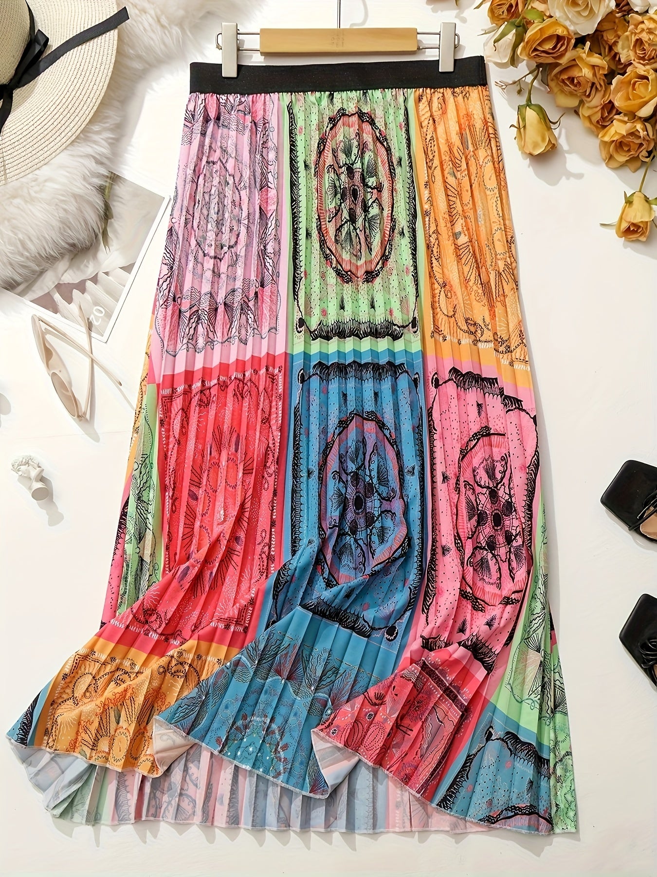  Patchwork Print Elastic High Rise Pleated Maxi Skirt