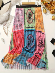  Patchwork Print Elastic High Rise Pleated Maxi Skirt