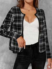 Plaid Print Crew Neck Jacket Open Front Long Sleeve Outerwear