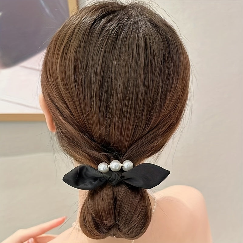 Bow Faux Pearl Hairband Elastic Hair Tie