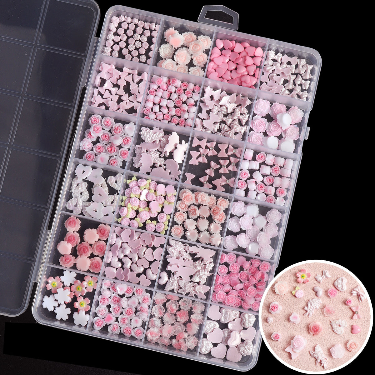 24 3D Resin Nail Charms Pink Styles Butterfly Camellia Rose Heart