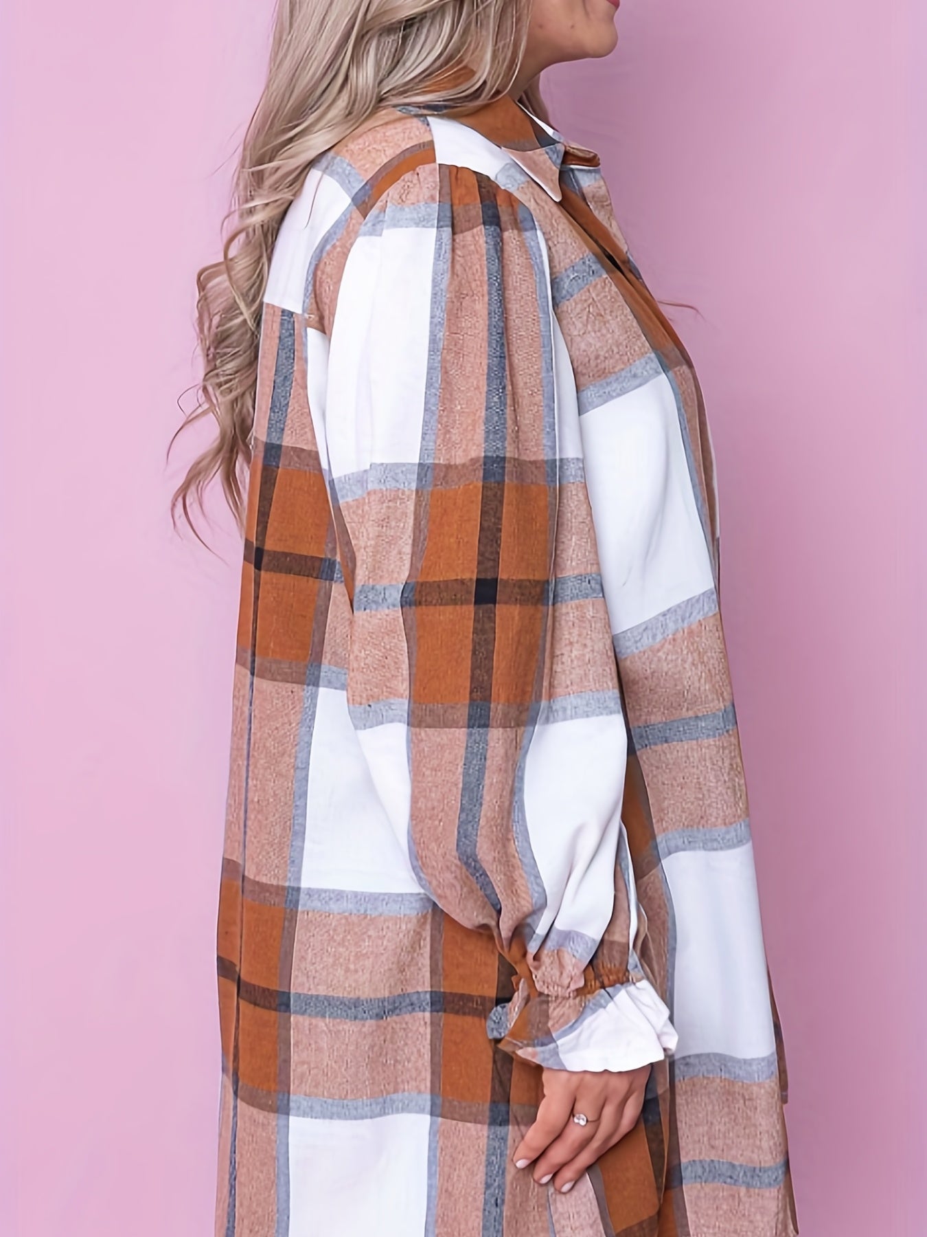  Plaid Flounce Sleeve Button Up Tunic Shirt Top