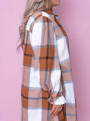  Plaid Flounce Sleeve Button Up Tunic Shirt Top