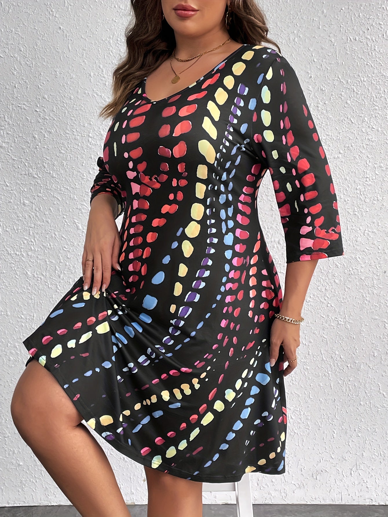  Tie Dye Three Quarter Sleeve V Neck Dress