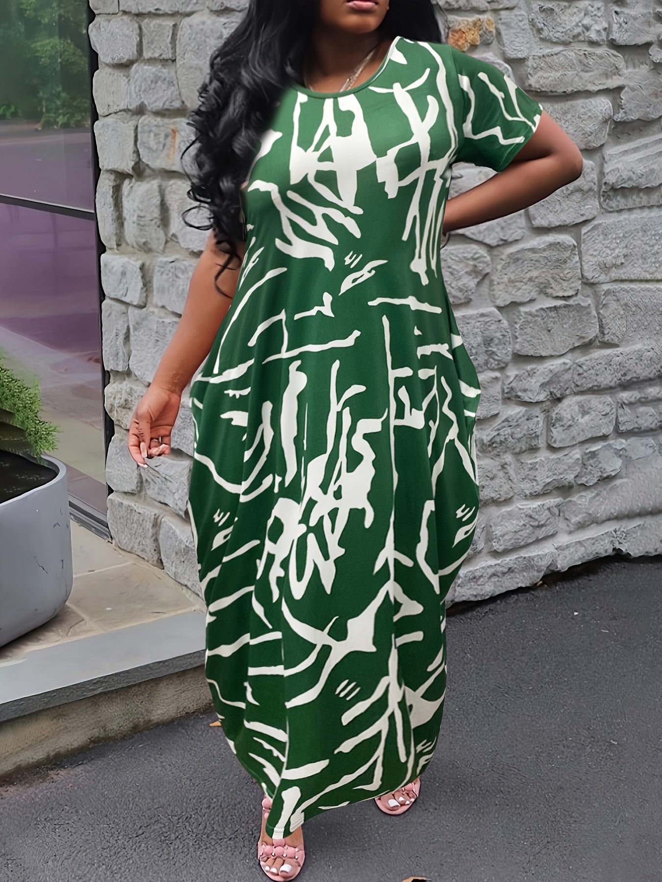  Graffiti Print Short Sleeve Dress With Pockets
