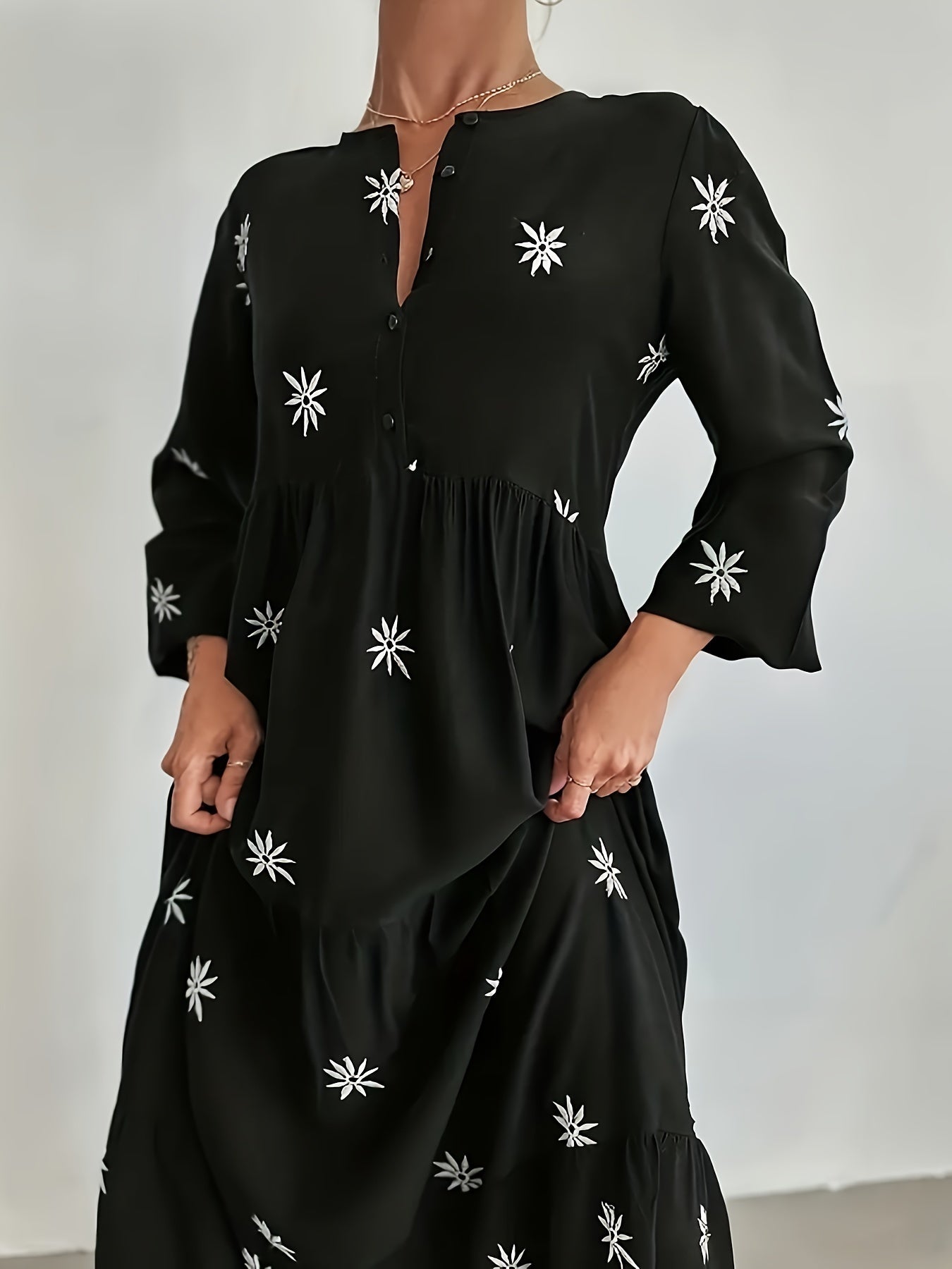  Floral Print Long Sleeve Maxi Smock Dress