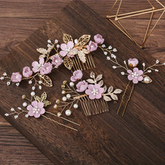 4pcs Flower Hairpin Faux Pearl Rhinestone U Shaped Hair Pin Hair Accessories