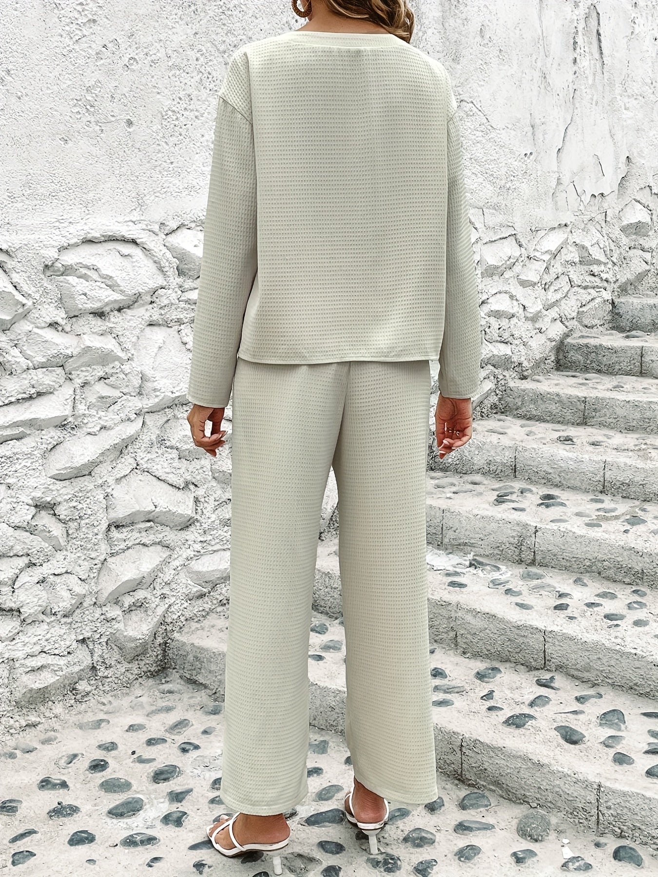 Solid Waffle Two-piece Set Crew Neck Long Sleeve Tops & Drawstring Wide Leg Pant