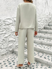 Solid Waffle Two-piece Set Crew Neck Long Sleeve Tops & Drawstring Wide Leg Pant