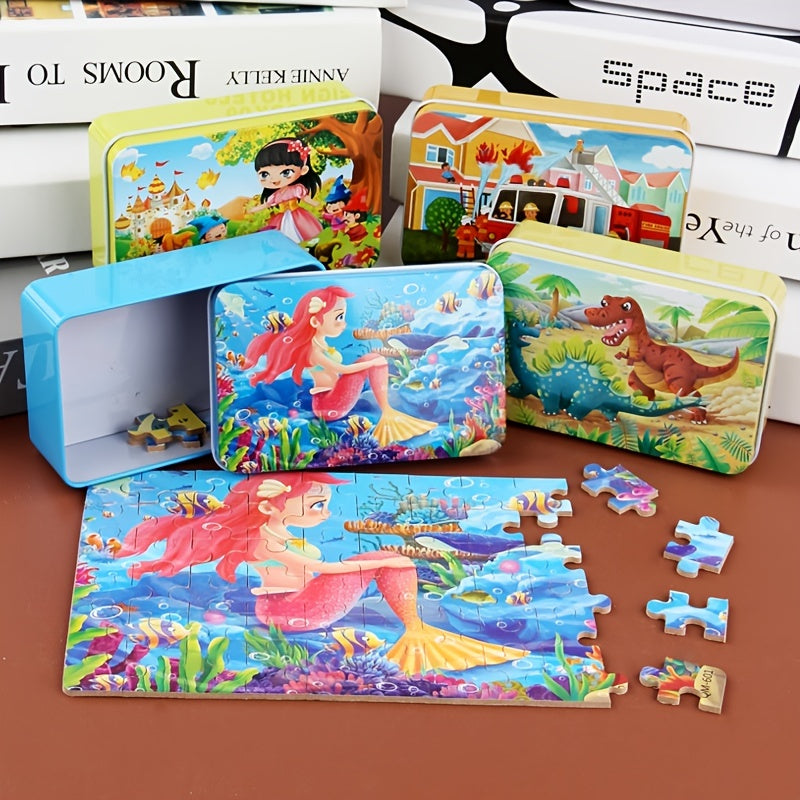 Wooden Cartoon Puzzle With Iron Box Kids Early Education Toy