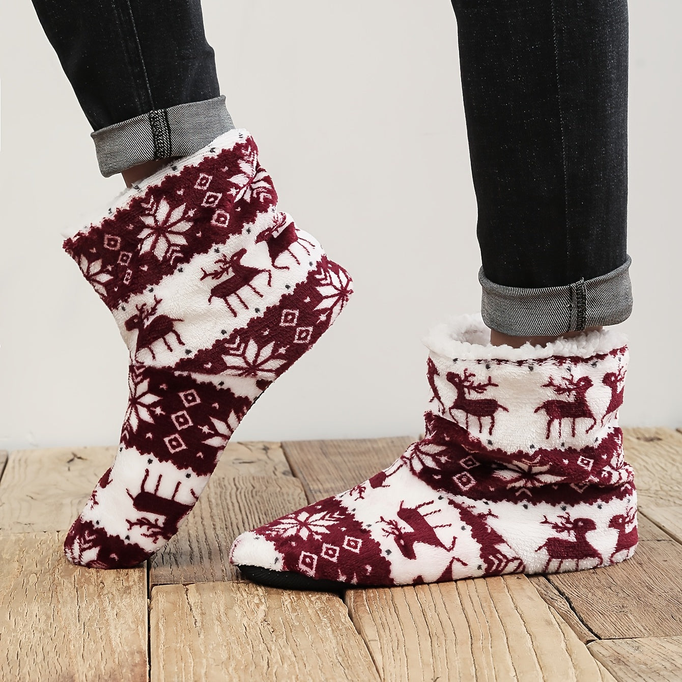 Men's Christmas Slipper Socks Elk Snowflake Pattern Fleece Thermal House Shoes