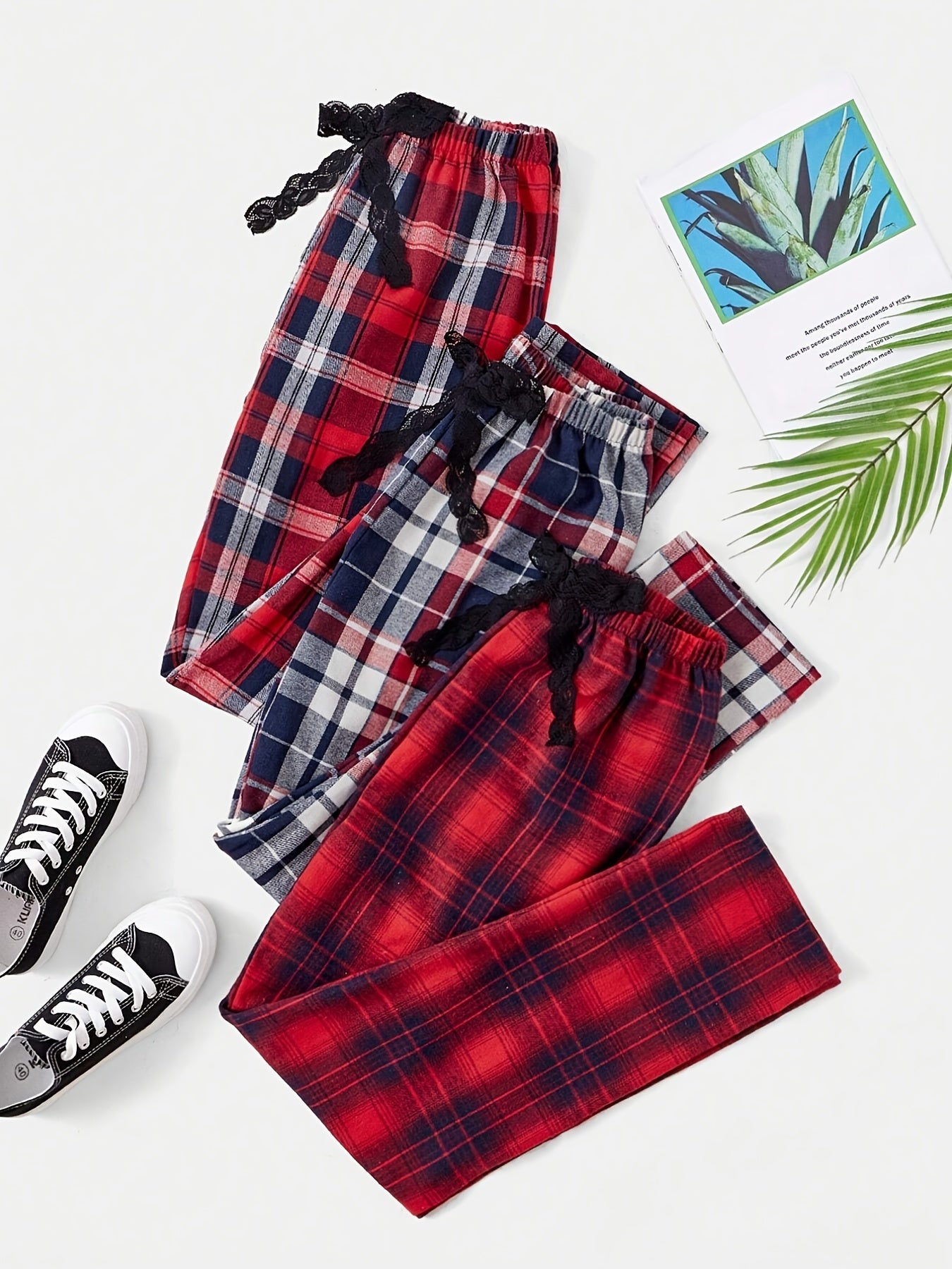 Colorblock Plaid Lounge Pants Casual & Comfy Bow Elastic Waistband