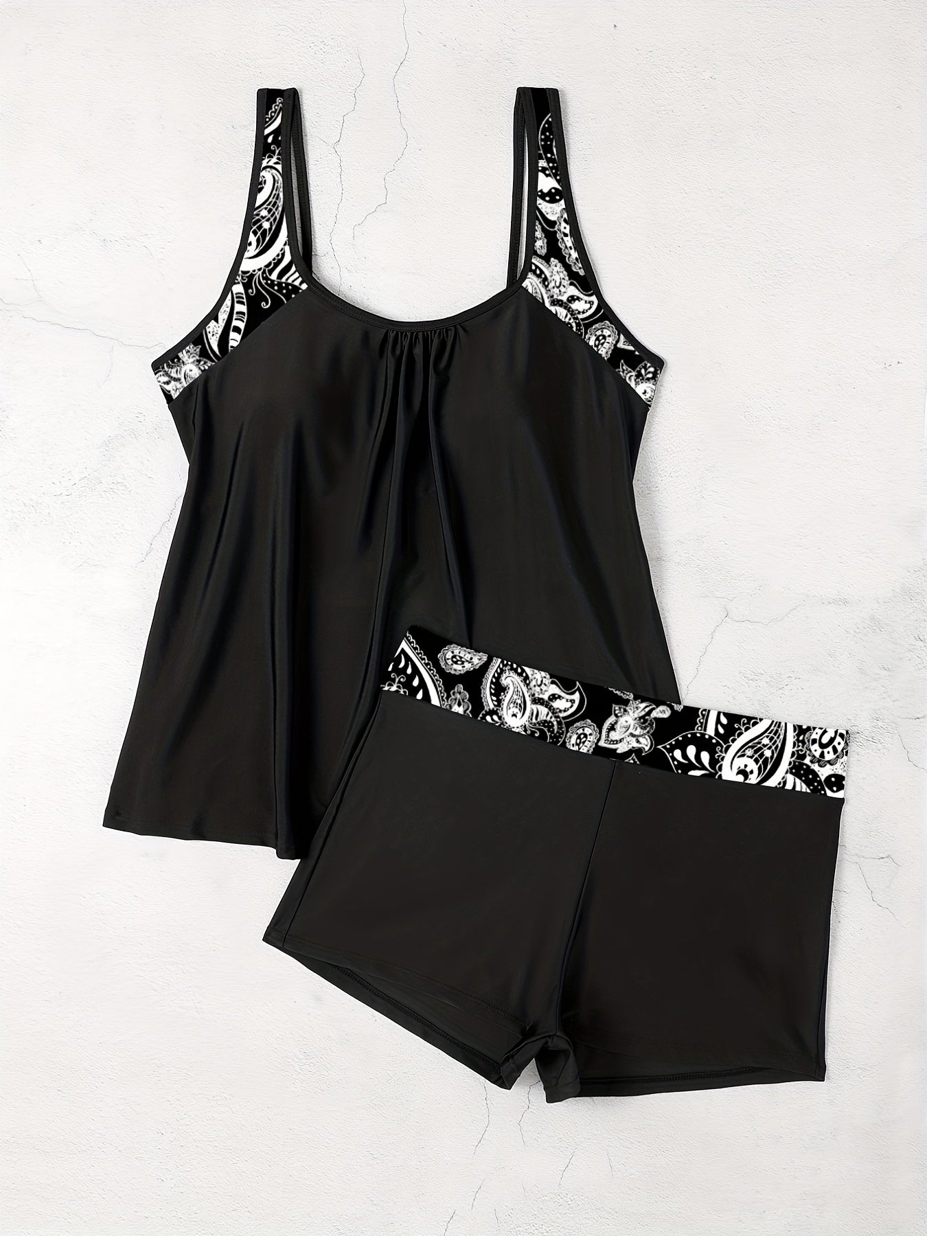  Geometric Tankini Set High Stretch Top & Shorts 2pcs