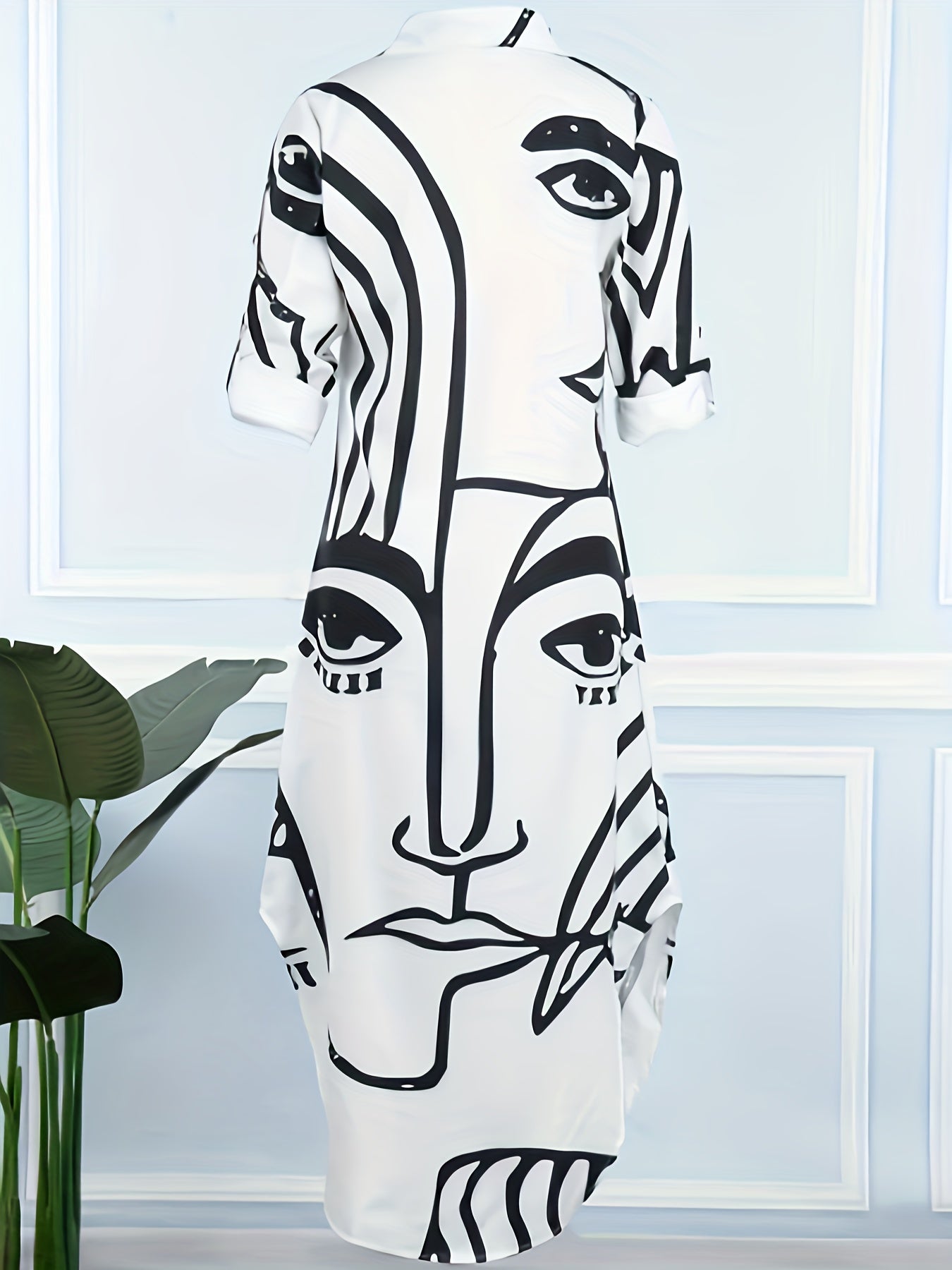  Women's Abstract Face Print Button Up Long Sleeve Collar Dress