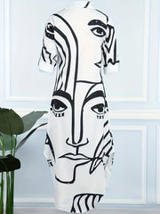  Women's Abstract Face Print Button Up Long Sleeve Collar Dress