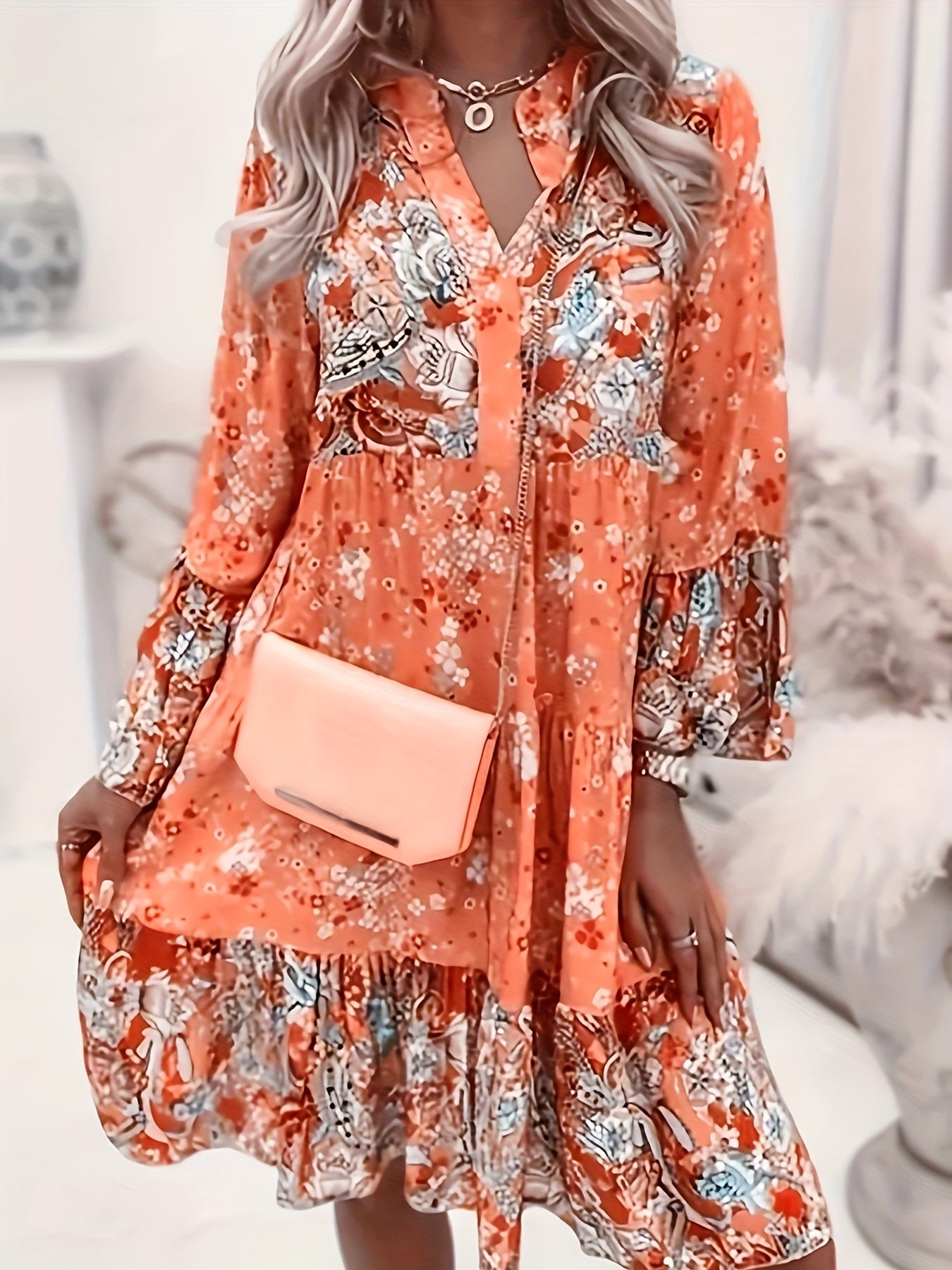  Boho Dress Women's Plus Floral Print Long Sleeve Smock Dress