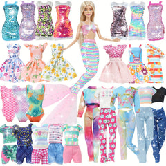 12-Piece Doll Clothes Set: Sequin Dresses, Floral Skirts, Tops, Pants, Bikini