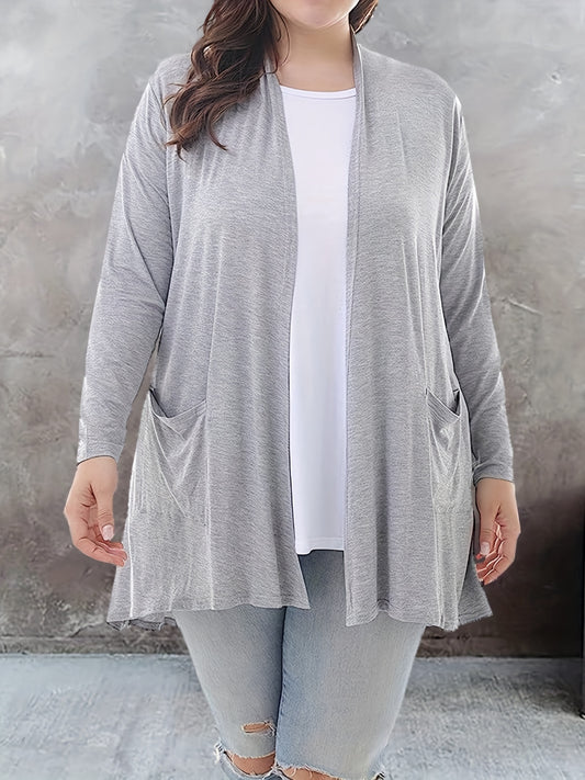  Solid Long Sleeve Open Front Cardigan With Pockets