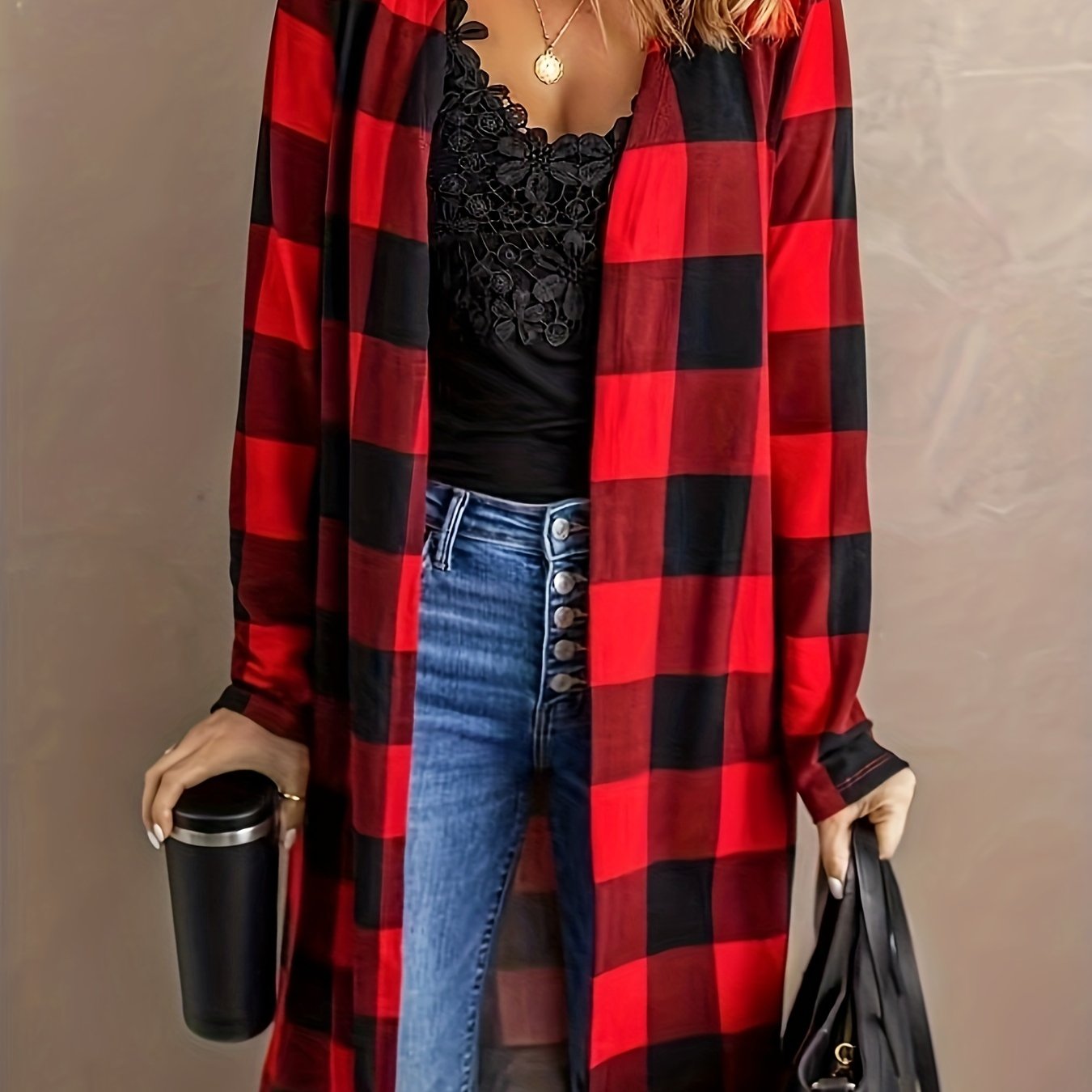  Plaid Print Long Sleeve Open Front Cardigan