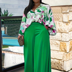  Two Piece Set: Print Button-Up Blouse & Wide Leg Pants