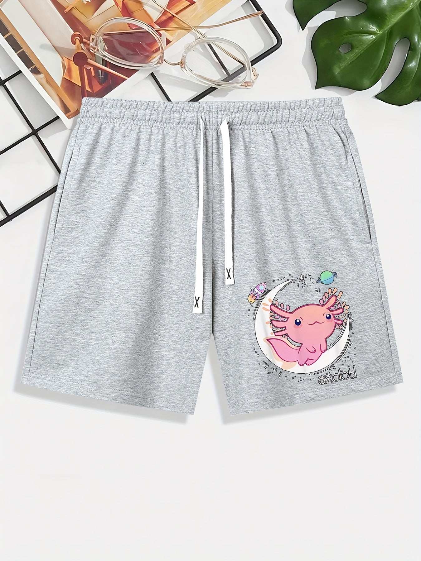 Axolotl Moon Rocket Pattern Comfy Men's Casual Elastic Waist Shorts