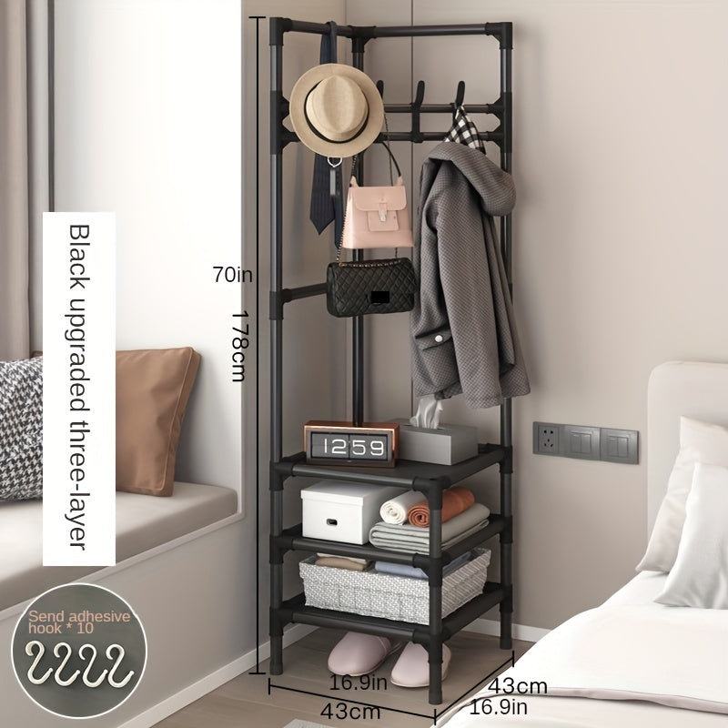 Triangle Corner Coat Rack with 2 Storage Shelves & Hooks