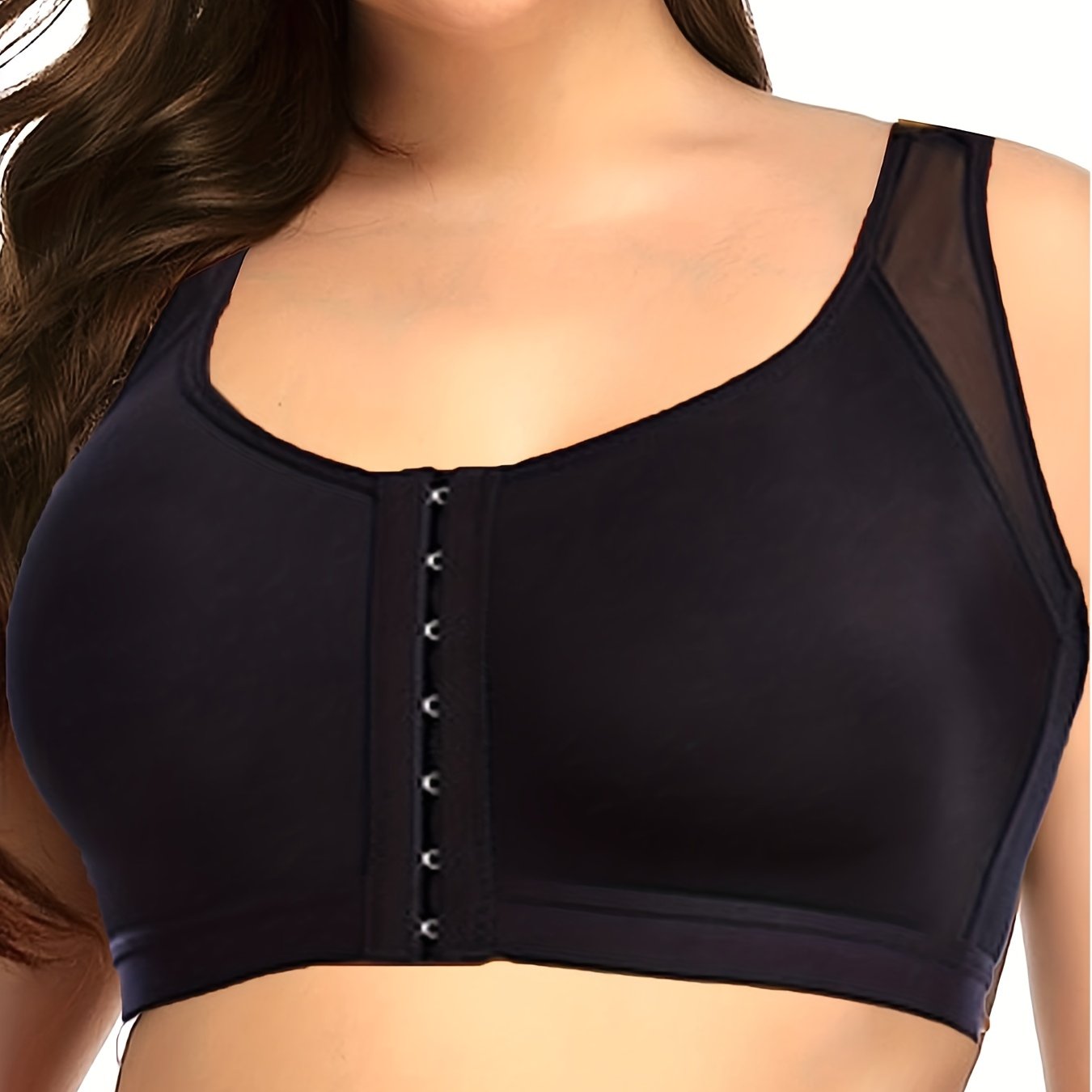 Plus Size Sports Bra Front Closure Contrast Mesh Wireless Bra