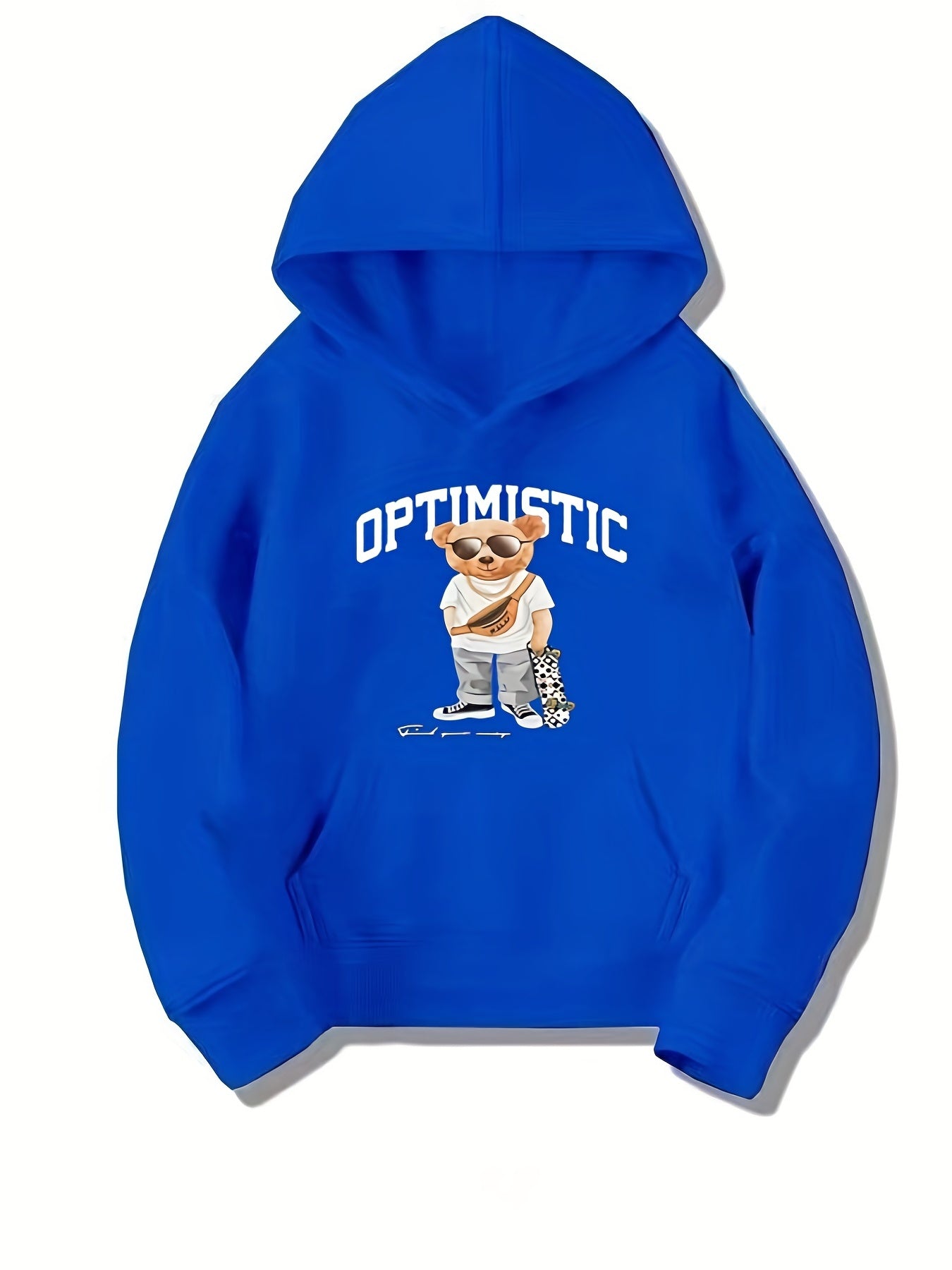 Skateboard Bear & OPTIMISTIC Letter Boys Hooded Sweatshirt