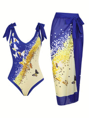  Butterfly Print Tankini Set & Wrap Skirt