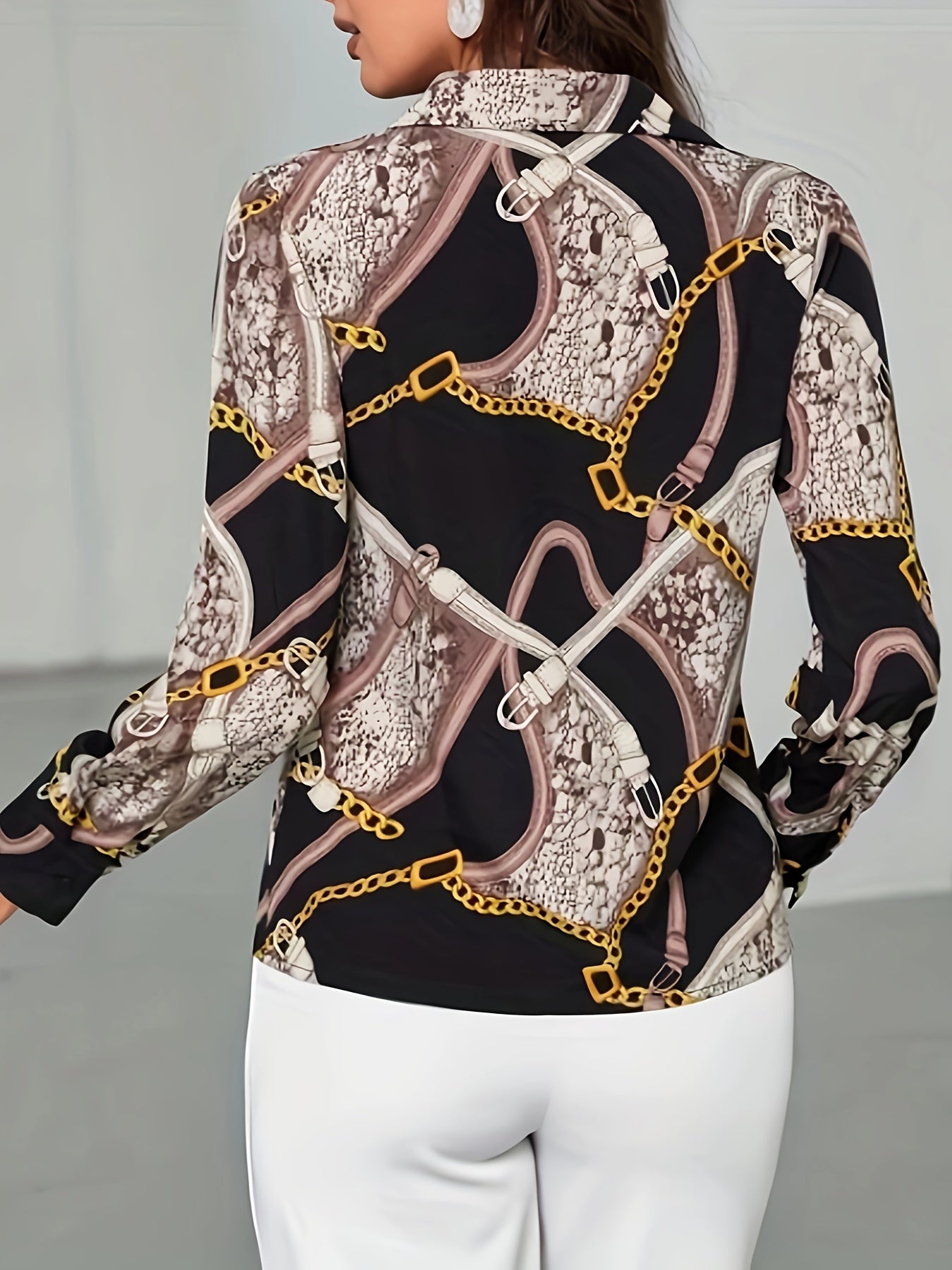  Casual Blouse Women's Plus Chain & Snakeskin Print Long Sleeve