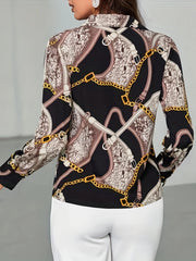  Casual Blouse Women's Plus Chain & Snakeskin Print Long Sleeve