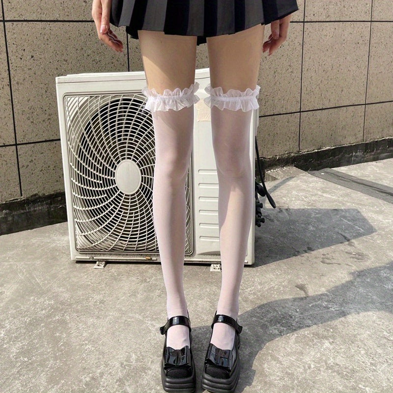 Sheer Mesh Thigh High Stockings Ruffle Over The Knee Socks