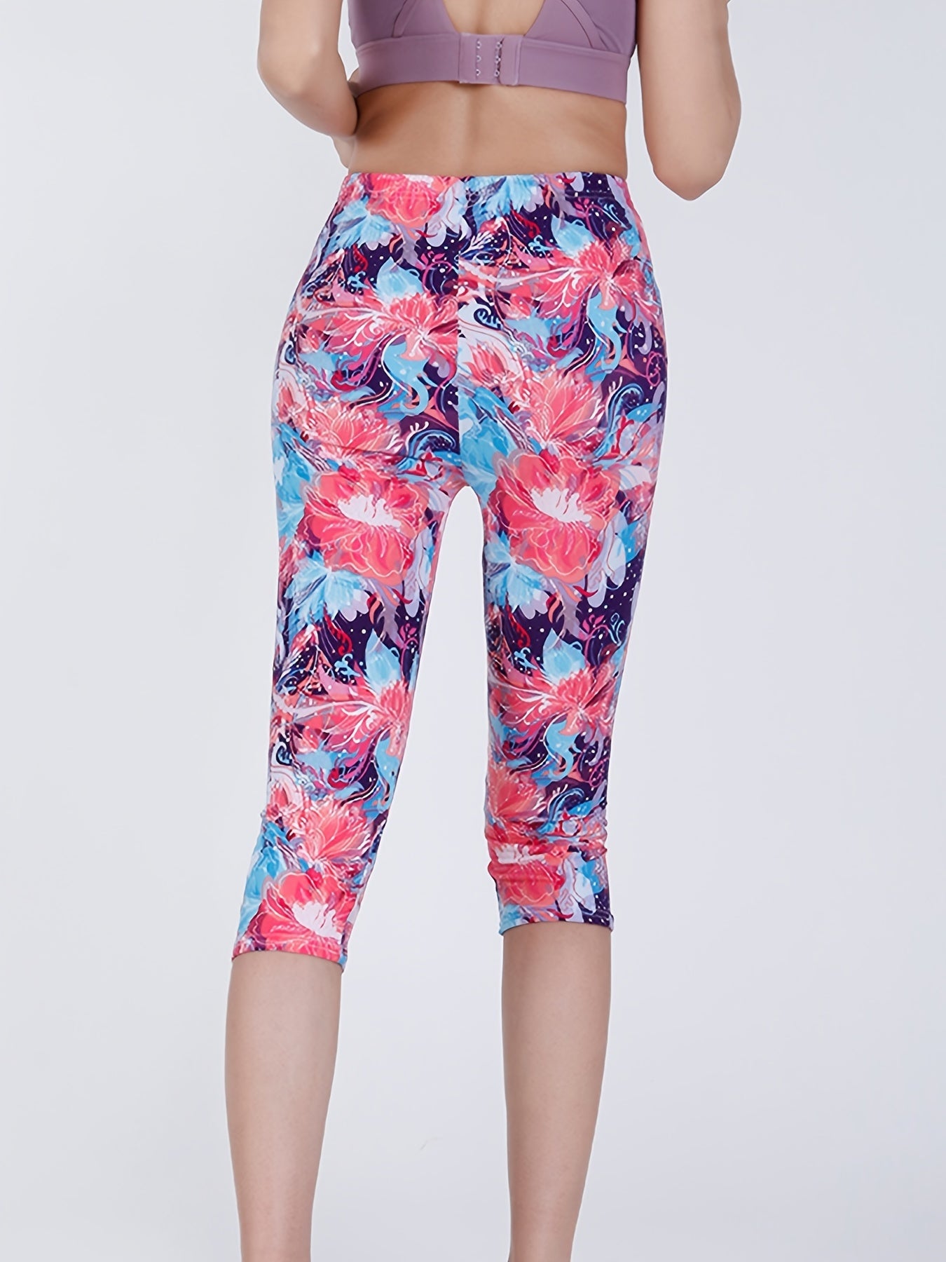 Boho Flower Print Capris Leggings High Waist Elastic Bottoms