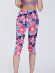 Boho Flower Print Capris Leggings High Waist Elastic Bottoms