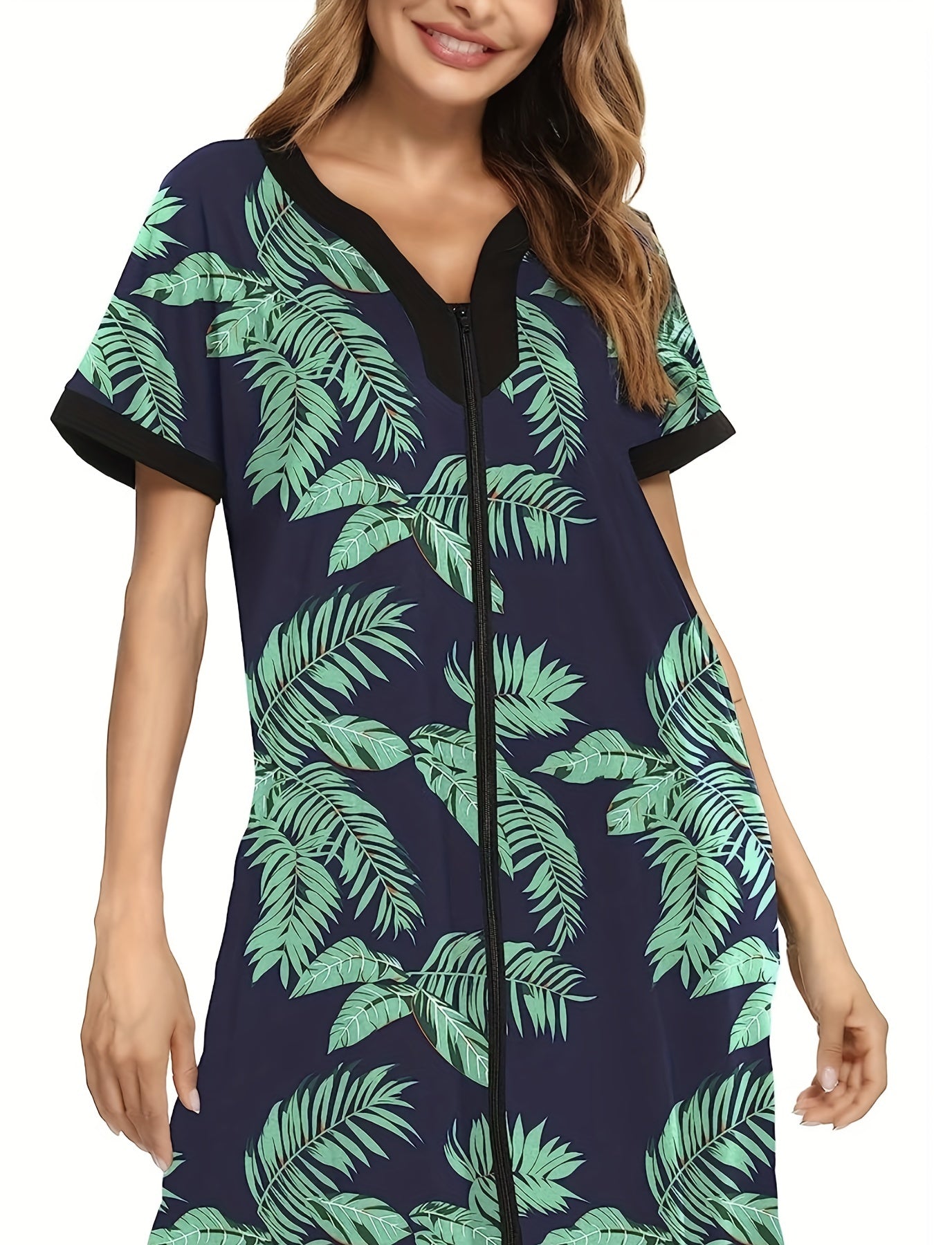  Tropical Print Short Sleeve V Neck Dress