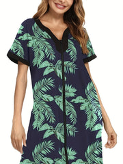  Tropical Print Short Sleeve V Neck Dress