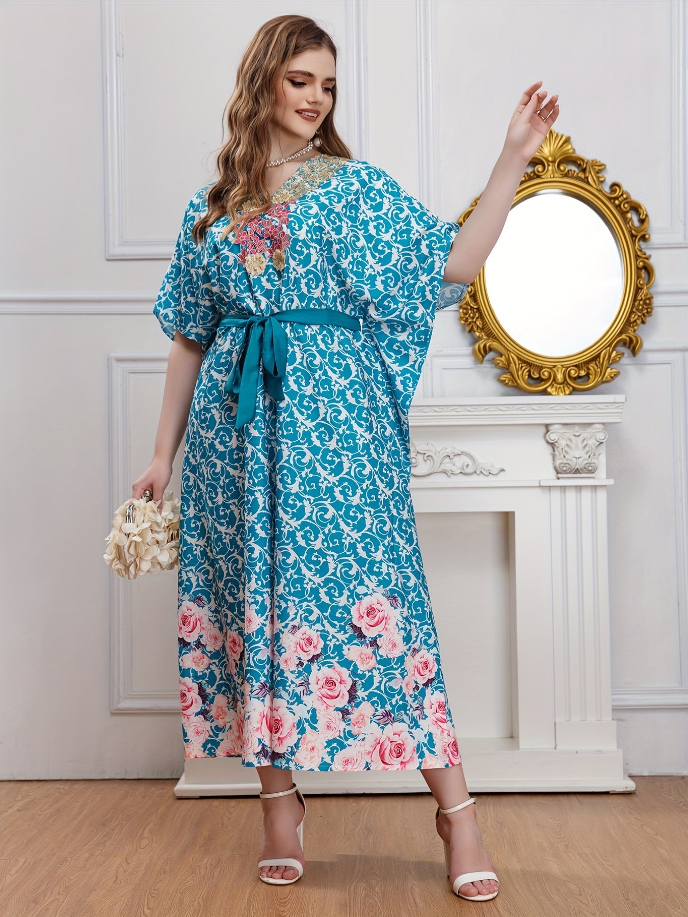  Baroque & Floral Print V-Neck Maxi Dress