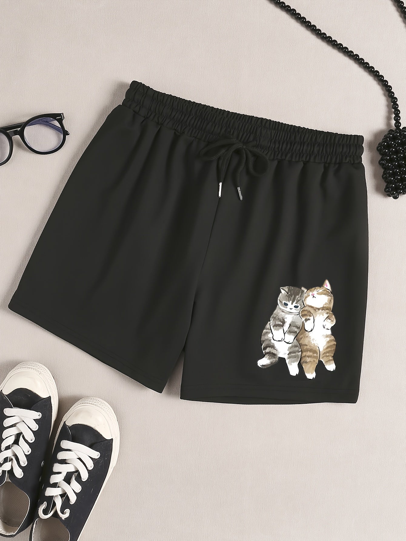 Women's Plus Cats Print Drawstring Elastic Waist Shorts