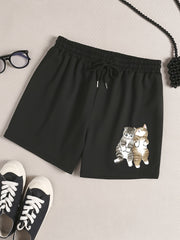 Women's Plus Cats Print Drawstring Elastic Waist Shorts
