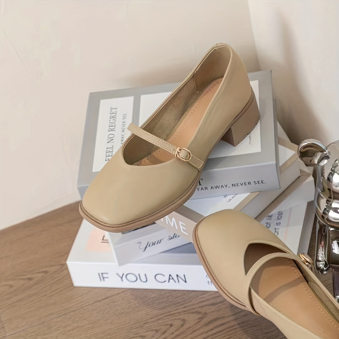 Chunky Heels Square Toe Pumps Buckle Strap Dress Heels