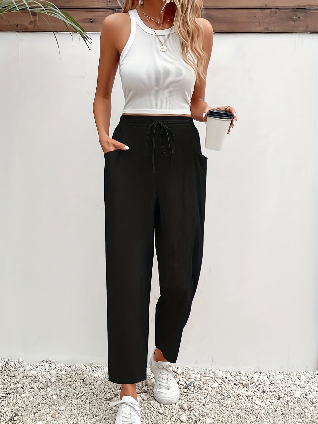  High Rise Straight Leg Pants With Pockets