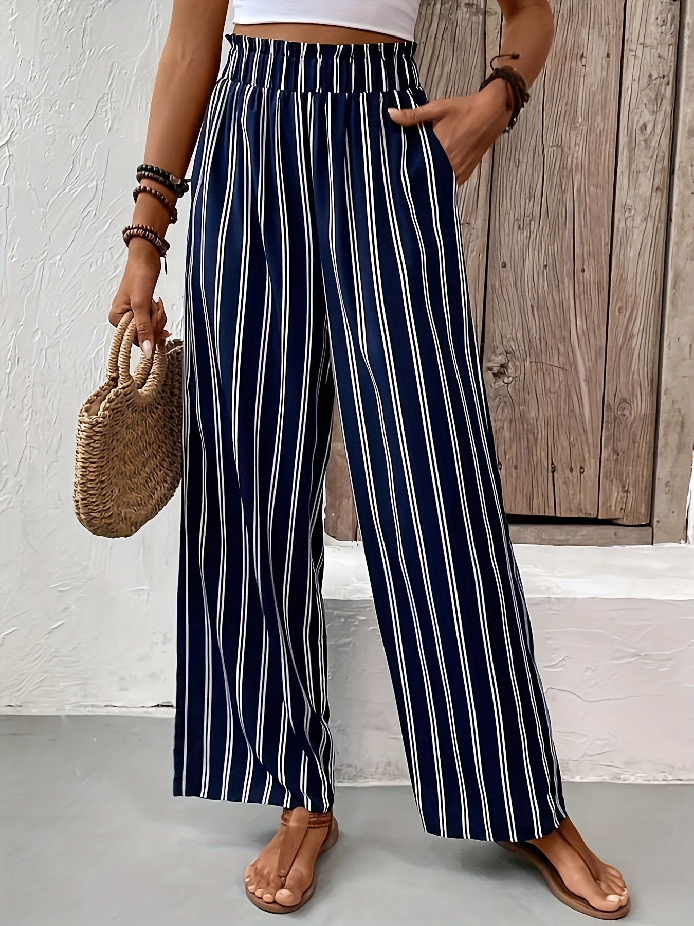  Stripe Print Wide Leg Pants with Pockets
