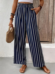  Stripe Print Wide Leg Pants with Pockets