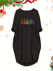  Christmas Tree Print Long Sleeve Round Neck Baggy Dress
