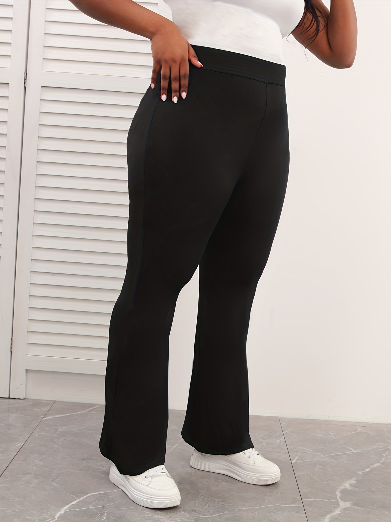  High Rise Flared Leg Pants Women's Plus Solid Slight Stretch Pants