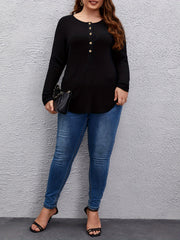  Casual Sweater Solid Button Decor Long Sleeve Crew Neck Top