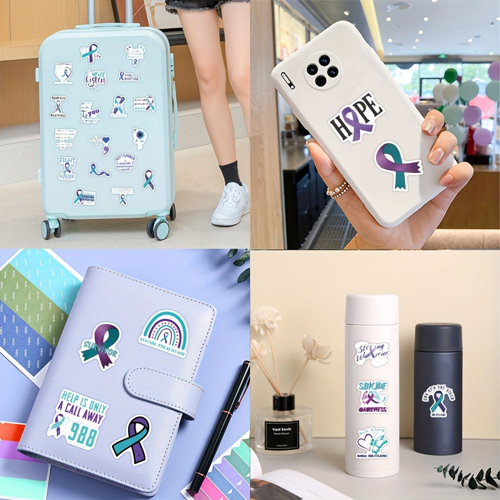 60pcs Suicide Awareness Stickers Teal Purple Ribbon Decals